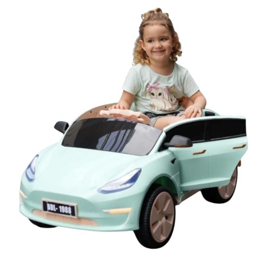 صورة سيارة اطفال تسلا 12 فولت بعدة الوان - فستقي الهادئ